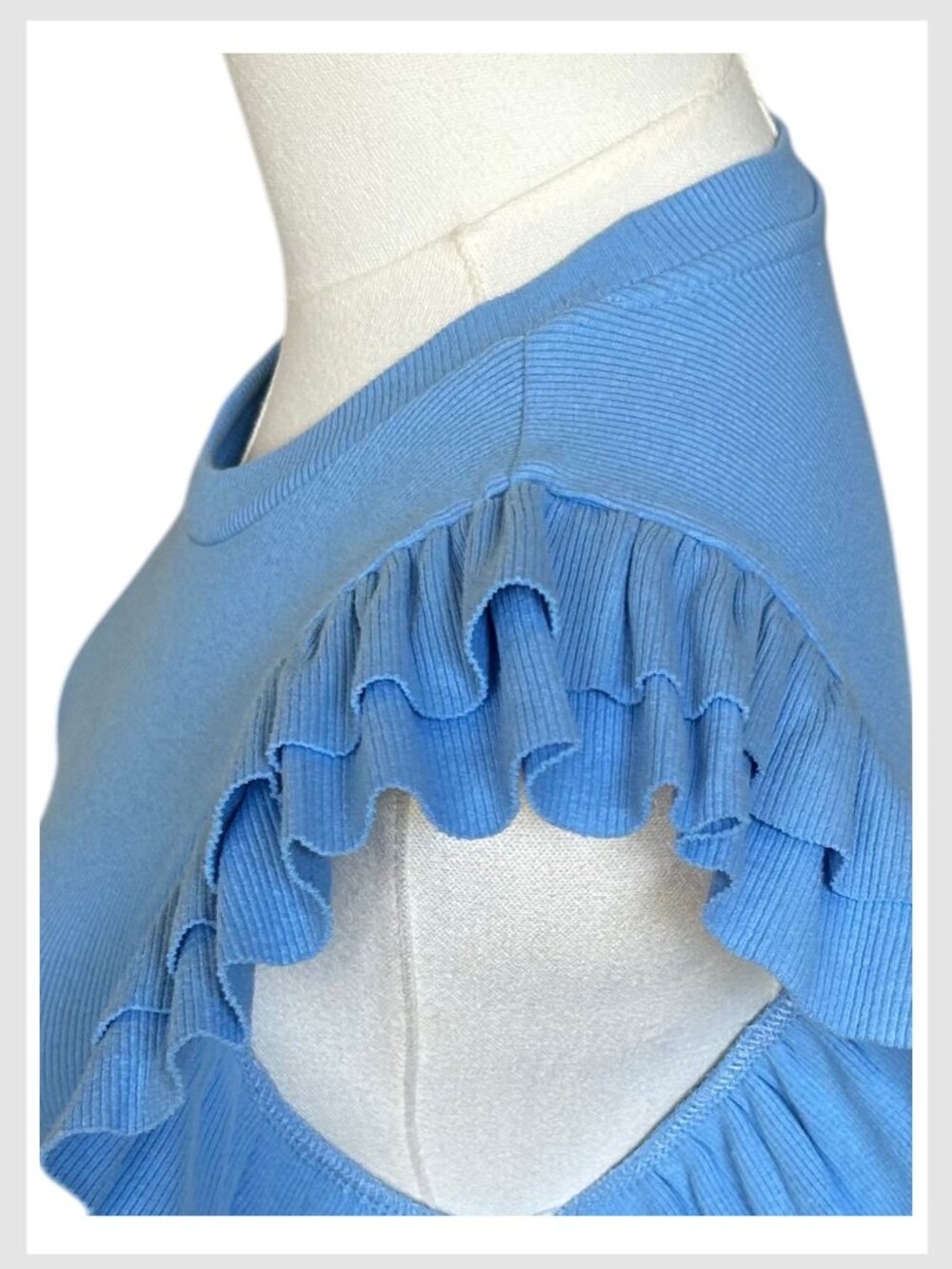 Zara Ribbed Crop Top Blue Ruffle Sleeve Crew Neck M - Picture 6 of 7